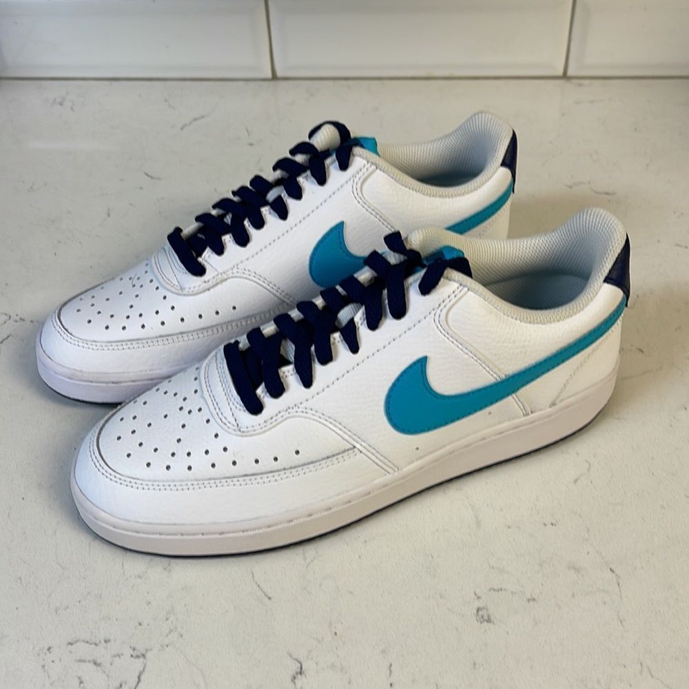 Men's Nike Court Vision Lo White/Turquoise Blue-Blue Void (DM1187 100) Sz 8.5